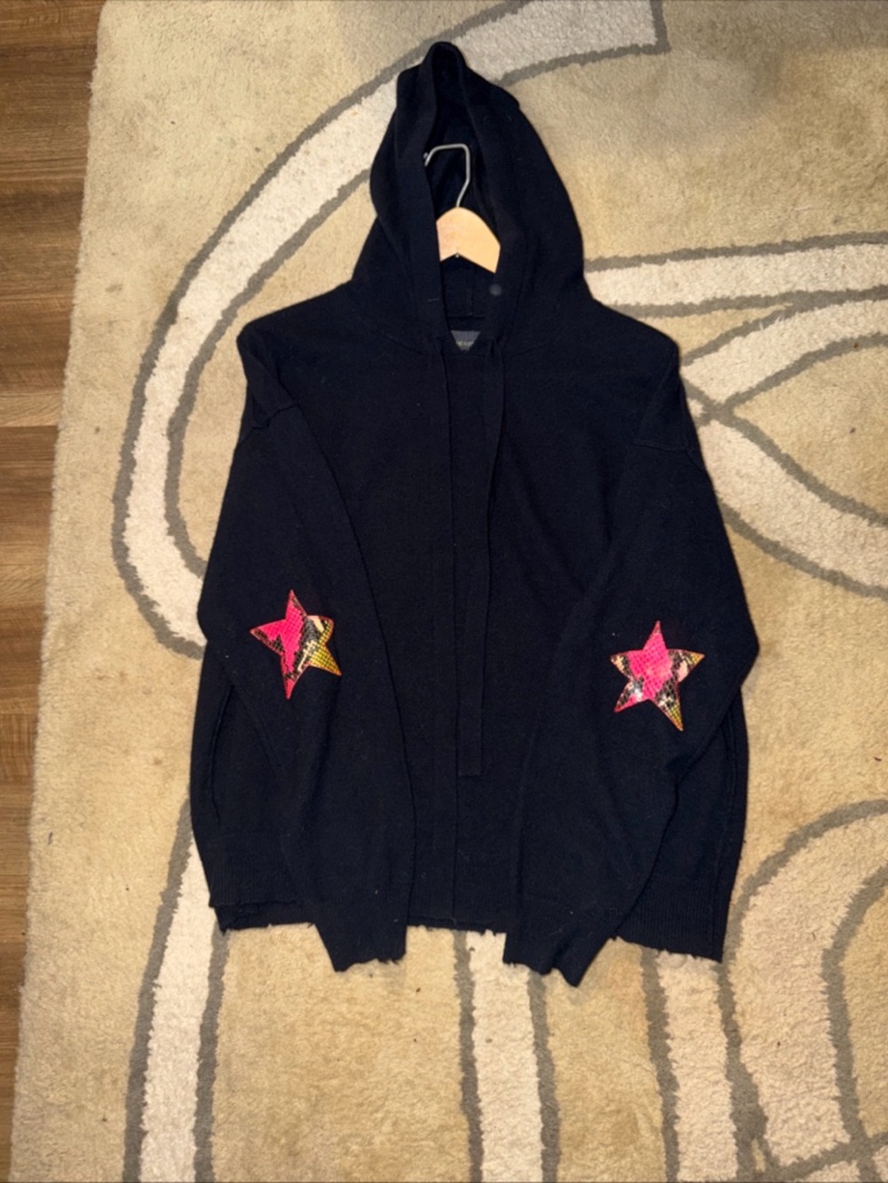 Zadig & Voltaire Nox Star Patch 100% Cashmere Hooded Sweater Black Size LARGE